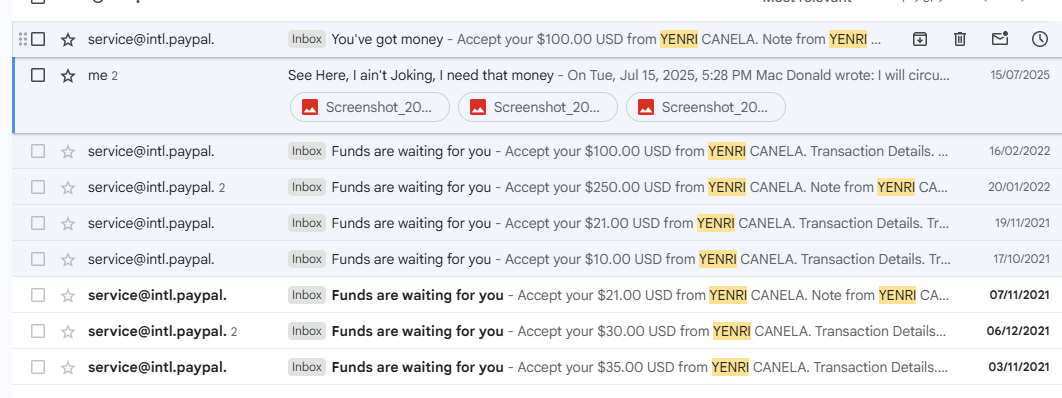 Screenshot of PayPal email inbox showing multiple payments from Yenri Canela to the writer for cheating services